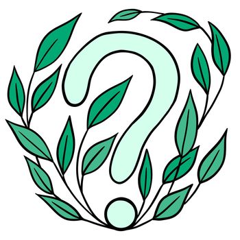 Hand drawn illustration of question mark with leaves flowers nature elements. Why concept for ecology environment environmental causes. Simple minimalist design with black line outline silhouette, spring summer print