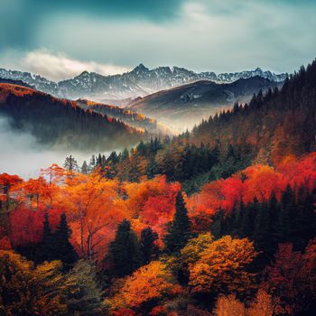 Illustration of a Autumn forest in the mountains