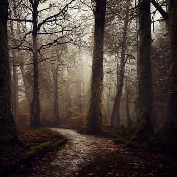 Illustration of a Gloomy autumn forest with fallen leaves