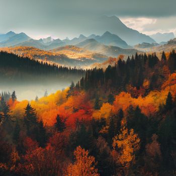 Illustration of a Autumn forest in the mountains