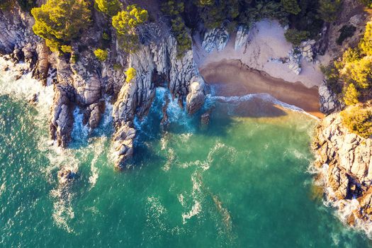 aerial top view of a cove of turquoise waters surrounded with rock sea cliffs, trees and vegetation, concept of adventure lifestyle and summer holidays in the wilderness