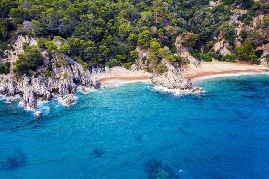 aerial view of two coves of turquoise waters surrounded with rock sea cliffs covered with trees and vegetation, concept of adventure lifestyle and summer luxury holidays in the wilderness