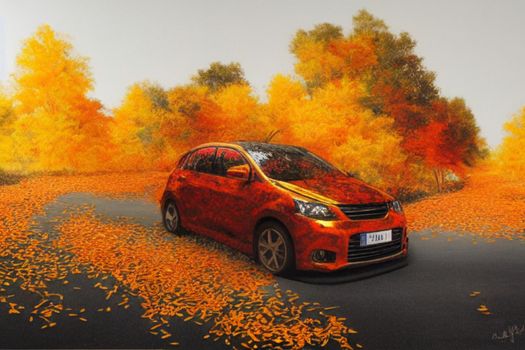 Illustration of a A car driving along a road strewn with autumn foliage