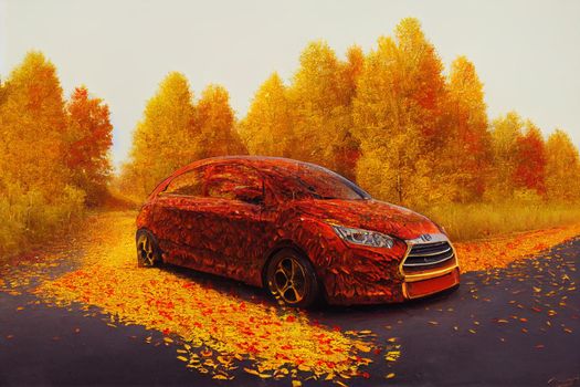 Illustration of a A car driving along a road strewn with autumn foliage