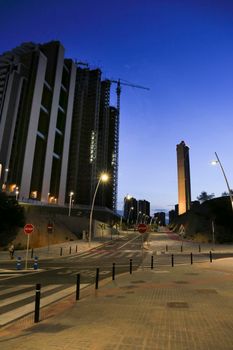 Benidorm, Alicante, Spain- September 11, 2022: Modern architecture building called Sunset Cliffs under construction in the Poniente Beach Area in Benidorm