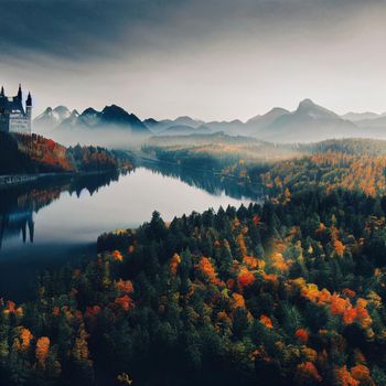 Illustration of a A valley with a castle and a lake in the autumn forest