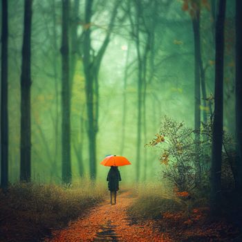 Illustration of a Gloomy autumn forest with fallen leaves