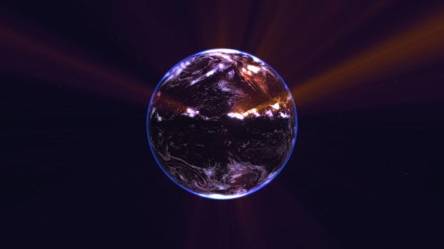 earth globe with glowing details and light rays. 3d illustration render