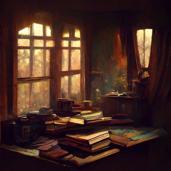 Old books in the library, lighting on a dark setting , night life.
