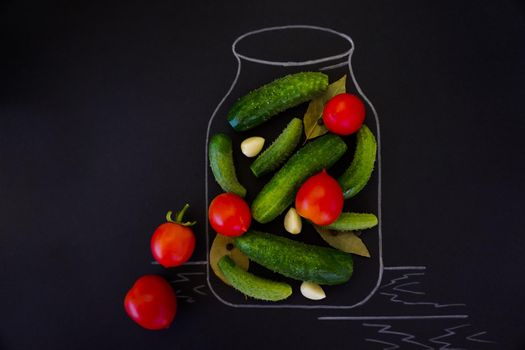 The process of canning cucumbers and tomatoes for the winter. Creative photo using graffiti drawing and real vegetables.