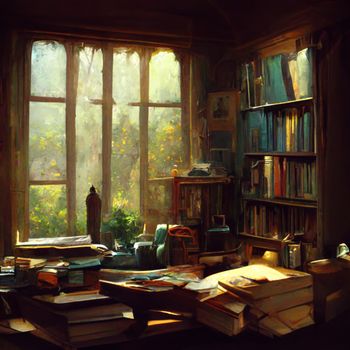 Old books in the library, lighting on a dark setting , night life.