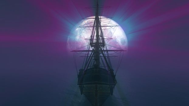 old ship in sea full moon illustration 3d rendering