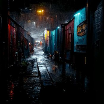 gloomy alley with neon lighting at night , night street