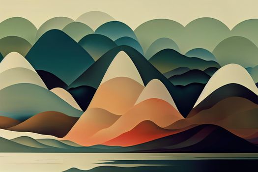 flat landscape abstract river mountains which look beautiful, flat style