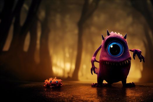 Cute monster in forest with cinematic lighting. High quality 3d illustration