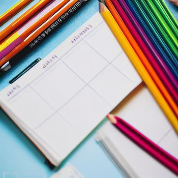 Office supplies in different colors. Everything for office and school.