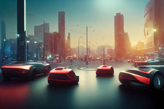 red futuristic delivery cars in future city. High quality 3d illustration