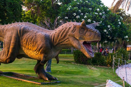 Dubai,UAE - 05.11.2021 - Ceratosaurus replica exhibit at dinosaur park.
