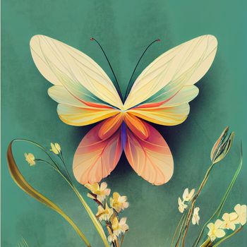 Beautiful spring creative art work illustration with flowers and butterfly. Floral poster, banner, design. High quality 3d illustration