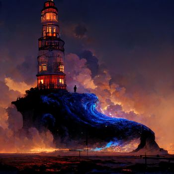 Abstract illustration of a lighthouse at sunset. evening