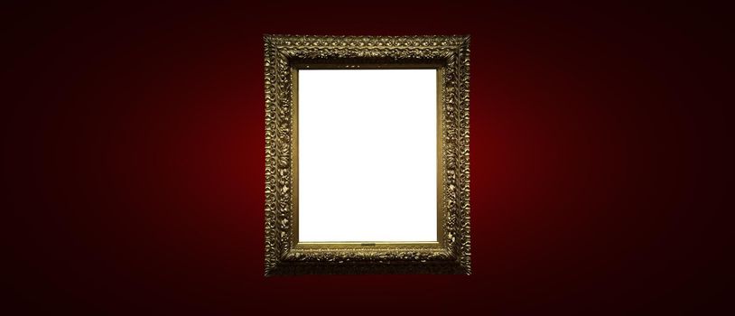 Antique art fair gallery frame on royal red wall at auction house or museum exhibition, blank template with empty white copyspace for mockup design, artwork concept