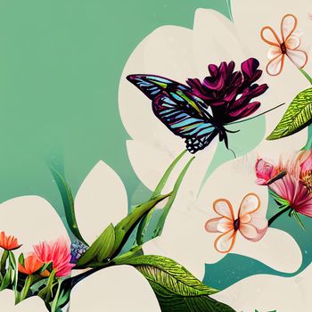 Beautiful spring creative art work illustration with flowers and butterfly. Floral poster, banner, flat design