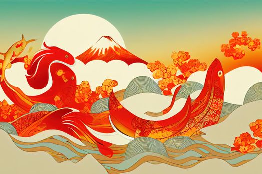 Luxury oriental style wall arts . Abstract arts design with Koi fish, Mount Fuji, Red sun, cloud, watercolor texture and brush design