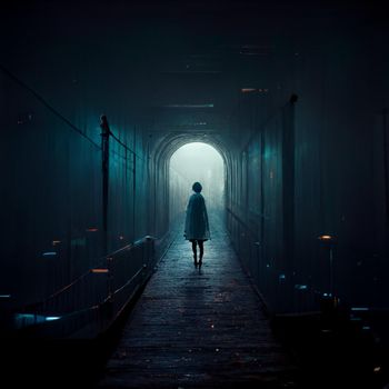 Night view with girl in Tunnel. mysterious underground passage with dim lighting