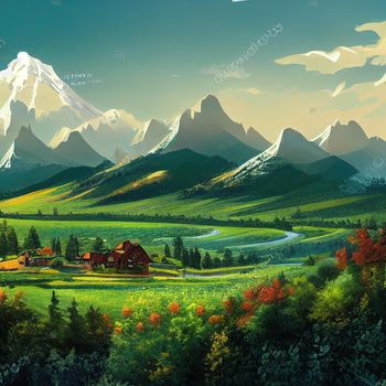 Beautiful mountains landscape with house. Nature background. High quality 3d illustration