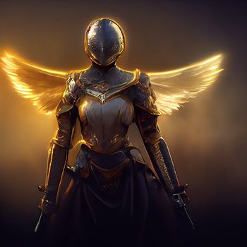 beautiful young angel girl in heavy gold plate armor, with beautiful gold wings High quality illustration
