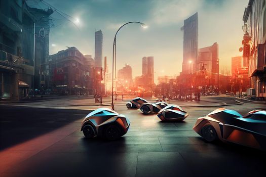futuristic luxury machines in futuristic city environment. High quality 3d illustration