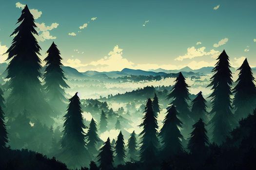 anime style Pine Forest Mountain Panorama. High quality 3d illustration