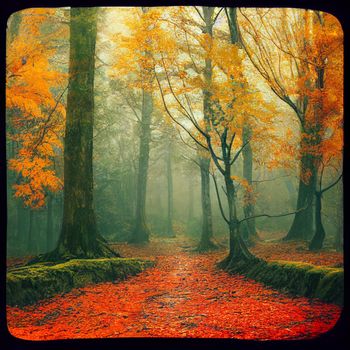 Illustration of a Gloomy autumn forest with fallen leaves