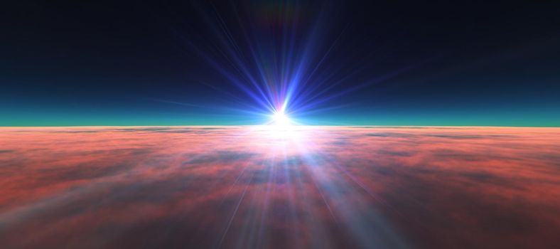 above clouds fly sunset sun ray illustration, 3d render