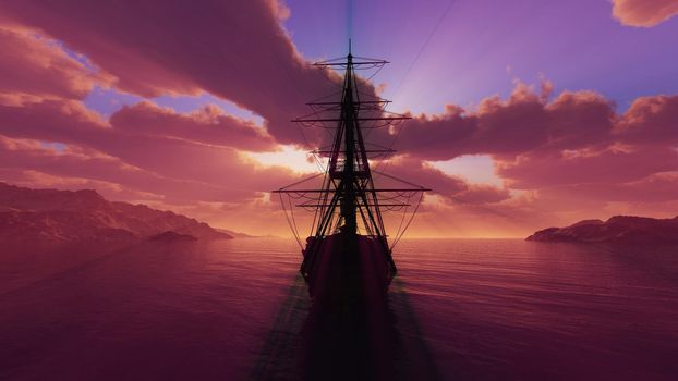 old ship sunset at sea illustration 3d rendering
