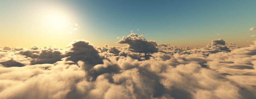 above clouds fly sunset sun ray illustration, 3d render