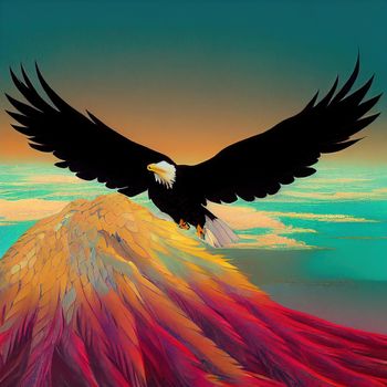 american bald eagle, anime style, in front of mountains. High quality 3d illustration