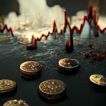 Financial economic crisis. Coins with economic graph chart falling, 3d render. High quality 3d illustration
