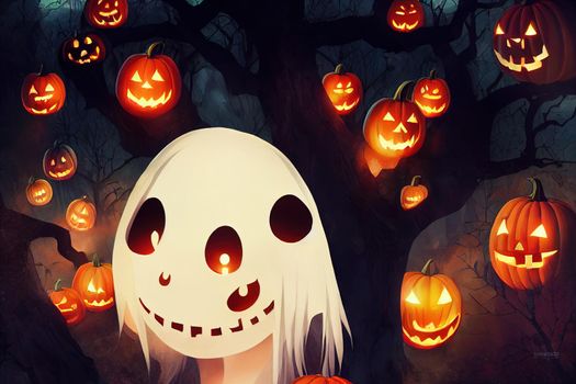 white anime style halloween ghost with pumpkins. High quality 3d illustration
