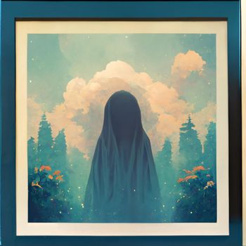 Illustration of a Abstract illustration of a figure against a background of forest and clouds