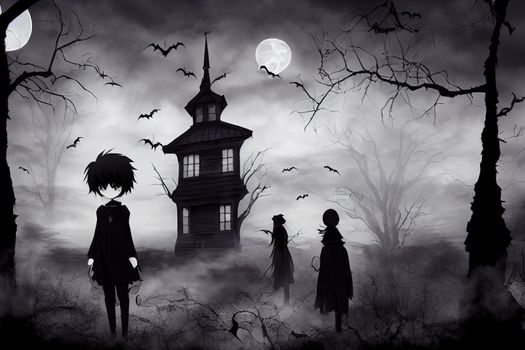 black and white anime like illustration of halloween night with spooky anime characters. High quality 3d illustration