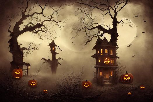 halloween pumpkins in night. High quality 3d illustration