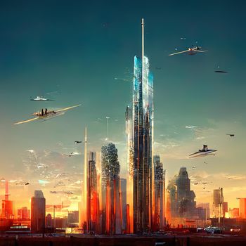 Future city 3D scene. Futuristic cityscape creative concept illustration with fantastic skyscrapers, towers, tall buildings, flying vehicles. High quality 3d illustration