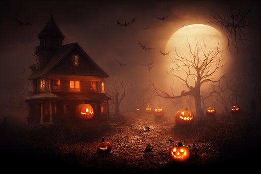 spooky home with a lot of halloween pumpkins around it. High quality 3d illustration