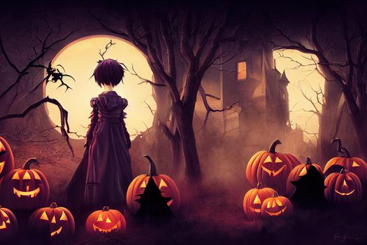 a little girl in dark halloween forest with spooky pumpkins. High quality 3d illustration