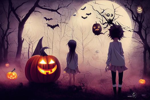 anime characters in halloween night. High quality 3d illustration