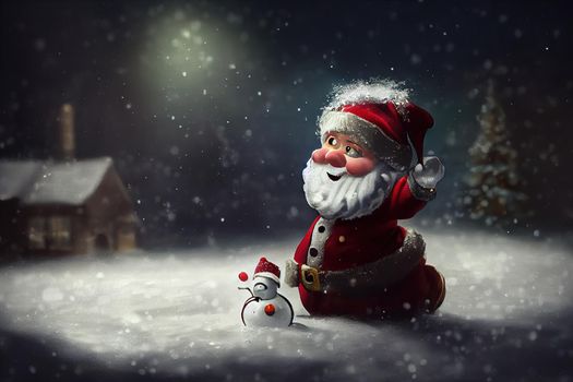 Tiny cute and adorable little santa claus, building a snowman. High quality 3d illustration