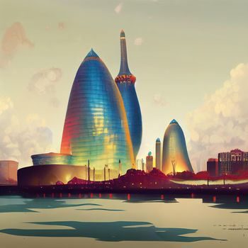 illustration of baku azerbaijan, 2d anime style. High quality 3d illustration