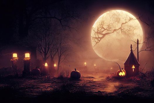 halloween night in graveyard with spooky pumpkins. High quality 3d illustration