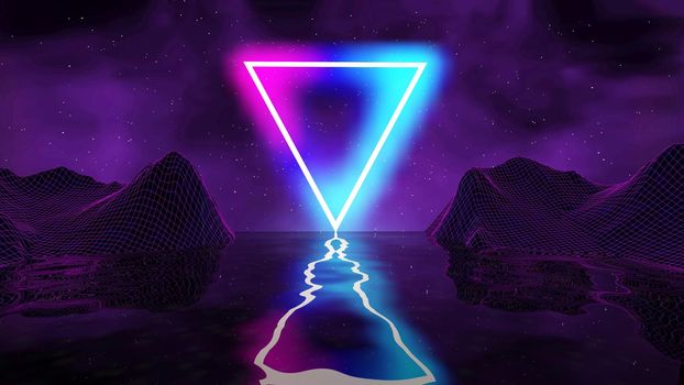 Retro futuristic background for game. Music 3d dance galaxy poster. 80s background disco. Neon triangle synthwave digital wireframe landscape with palms.